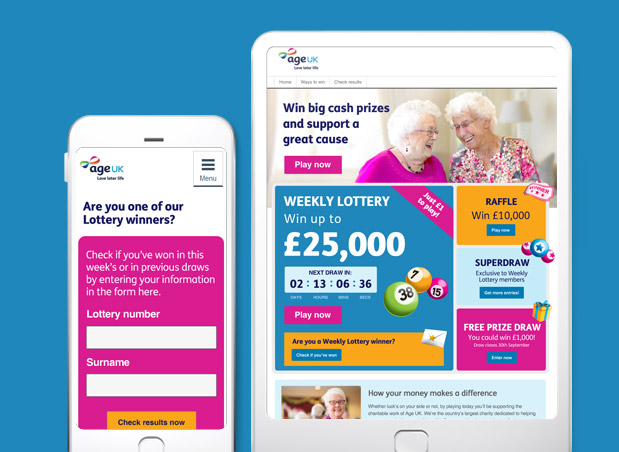 Age UK Prize Hub Web Design for device-responsive Lottery product