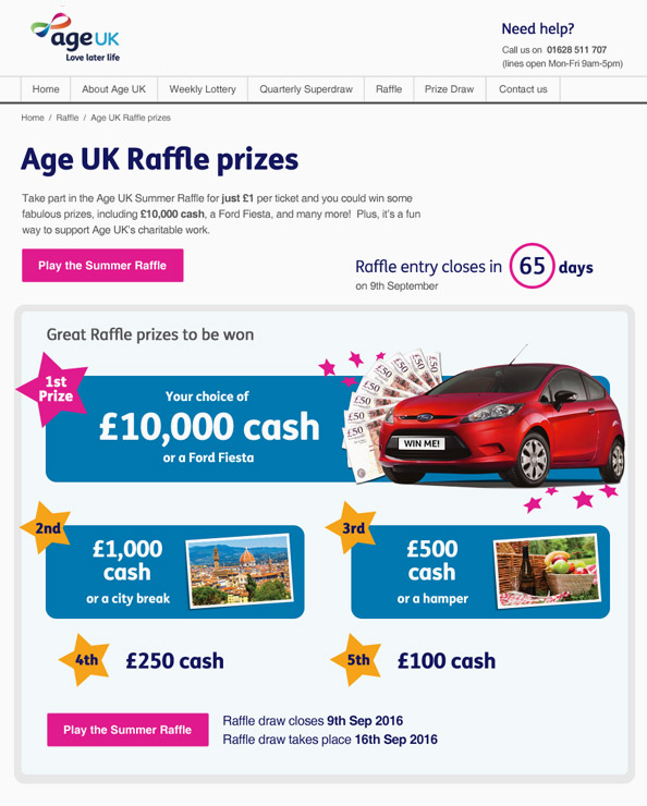 Age UK Prize Hub Web Design for Raffle prizes page