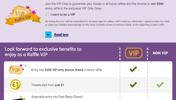 Age UK Prize Hub Web Design for VIP upsell page