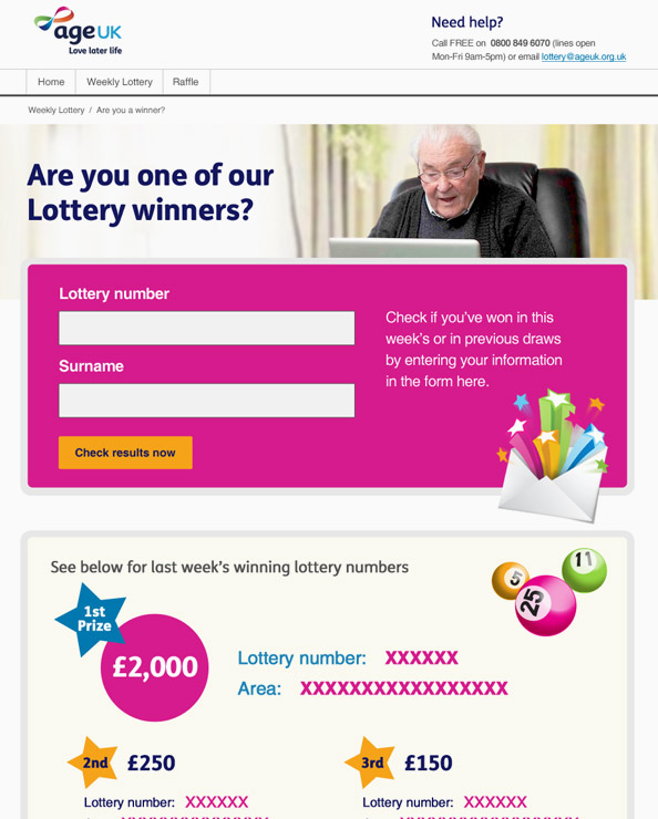 Age UK Prize Hub Web Design Lottery winner's checking feature
