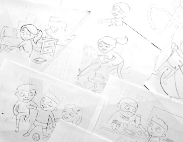 Concepts and sketches for CICRA's children-targeted marketing