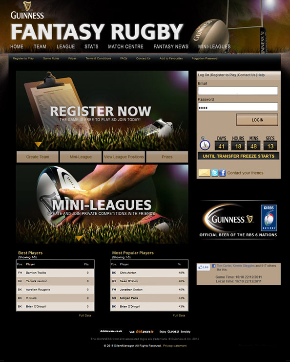 Home page design for Guinness Fantasy Rugby website