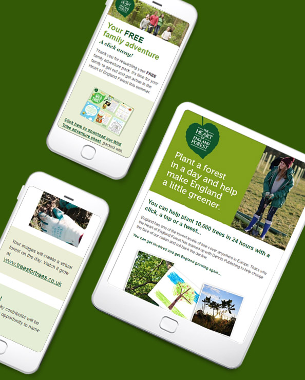 Responsive email samples of Heart of England Forest communications