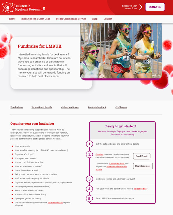 Fundraising webpage design for Leukaemia Myeloma Research UK