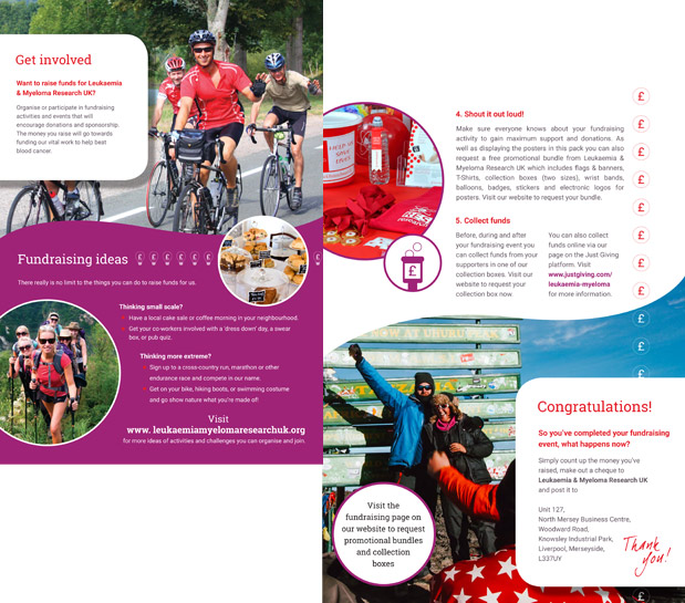 Fundraising page designs from the Leukaemia Myeloma Research UK information pack