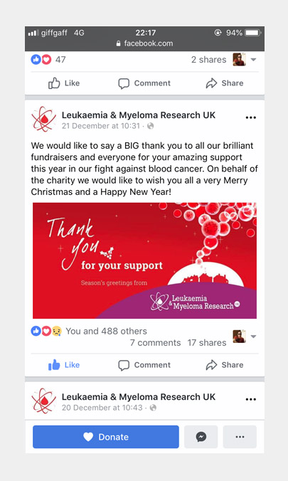 Christmas ad graphics for Leukaemia Myeloma Research UK's Facebook marketing