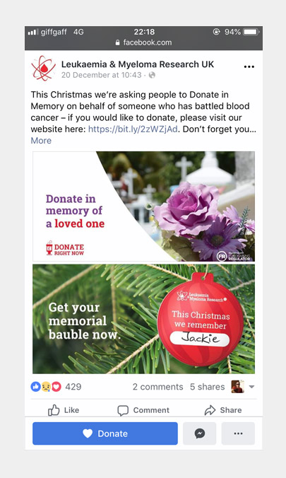 Christmas campaign graphics for Leukaemia Myeloma Research UK's Facebook marketing