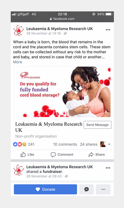 Validated ad graphics for Leukaemia Myeloma Research UK's Facebook marketing