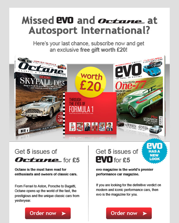 Joint email design for Octane and evo magazines