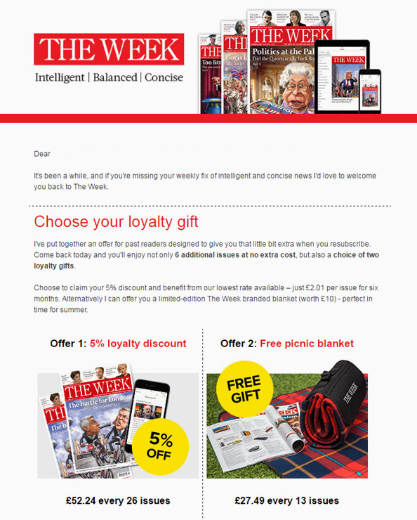 Loyalty gift incentive email design for The Week
